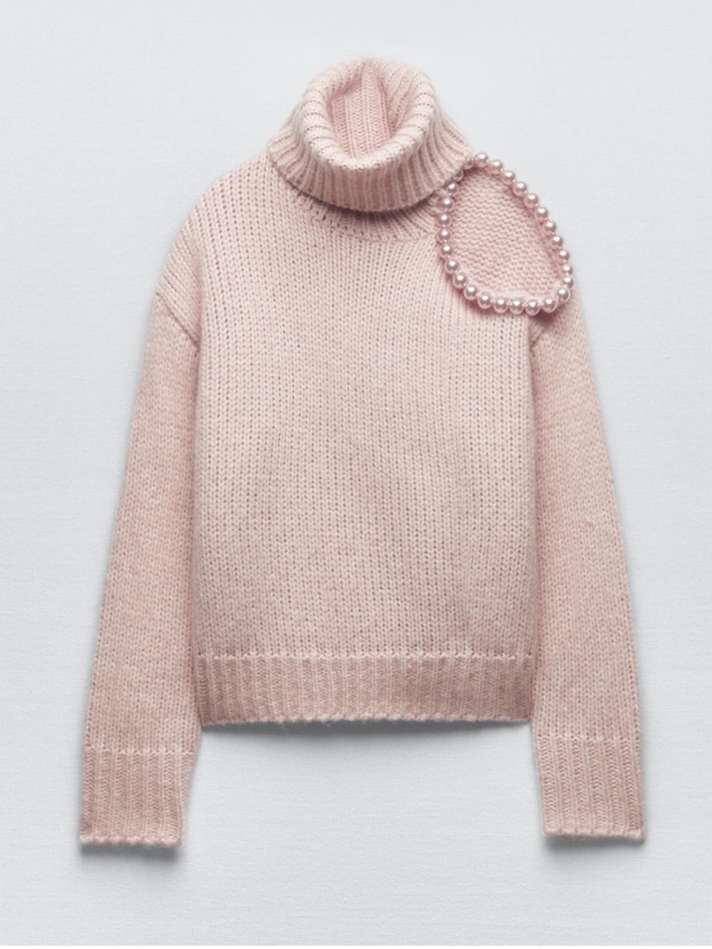 Zara pale pink turtleneck sweater with cold shoulder with pearl trim Size Medium